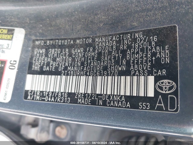 Toyota COROLLA LE 2016 2T1BURHE4GC619170 Image 9