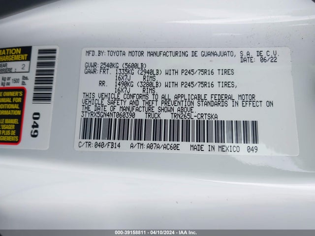 Toyota Tacoma Sr 2022 3TYRX5GN4NT060390 Image 9