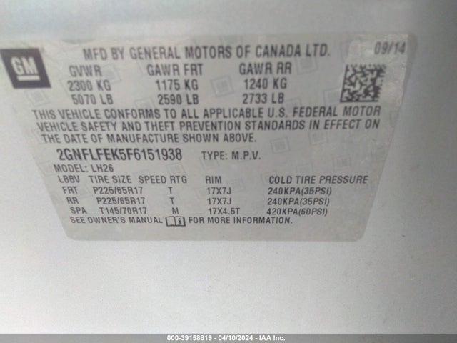 Chevrolet EQUINOX 1LT 2015 2GNFLFEK5F6151938 Image 9