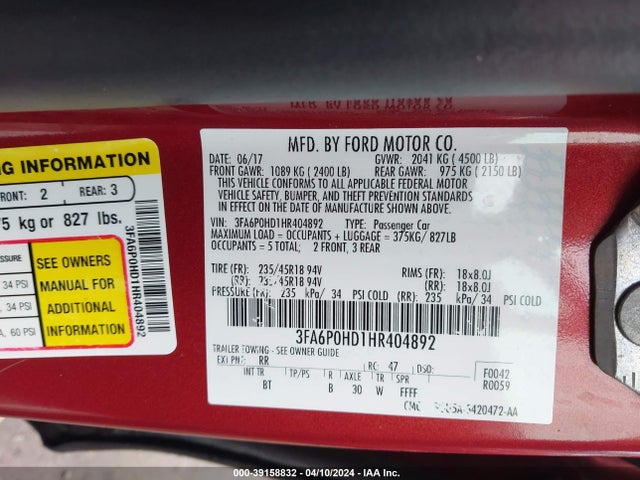 Ford FUSION SE 2017 3FA6P0HD1HR404892 Image 9