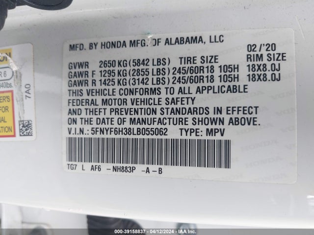 Honda Pilot Awd Ex 2020 5FNYF6H38LB055062 Image 9