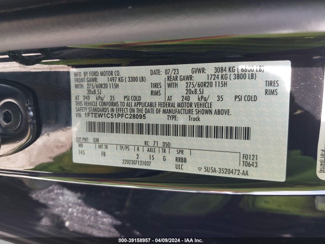 Ford F-150 Xlt 2023 1FTEW1C51PFC28095 Image 9