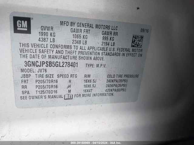 Chevrolet Trax Lt 2016 3GNCJPSB5GL278401 Image 9