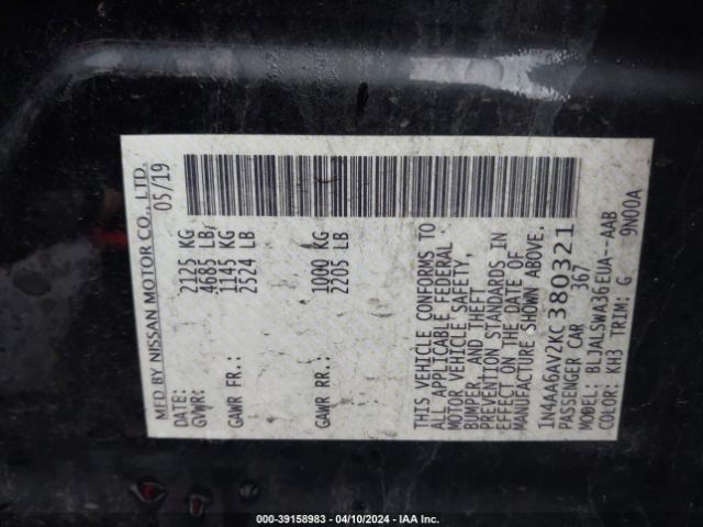 1N4AA6AV2KC380321 Nissan Maxima 3.5 Sr
