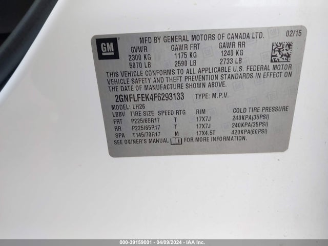 Chevrolet EQUINOX 1LT 2015 2GNFLFEK4F6293133 Image 9
