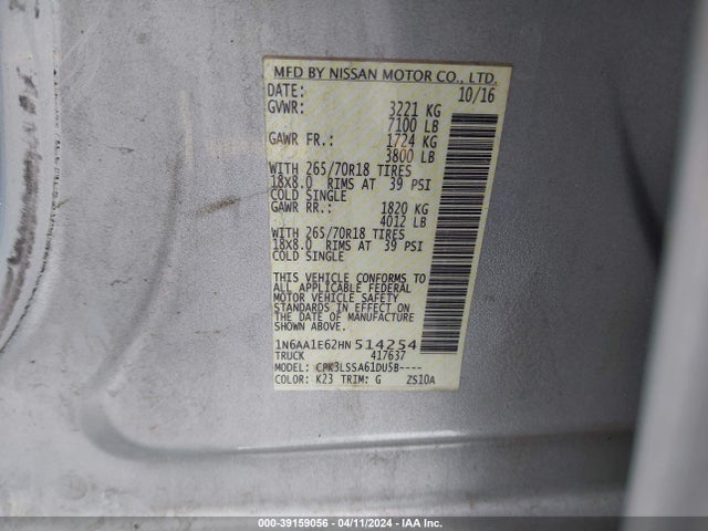 Nissan TITAN SV 2017 1N6AA1E62HN514254 Image 9