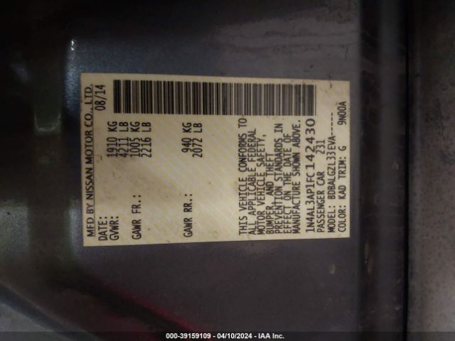 1N4AL3AP1FC142430 Nissan Altima 2.5/2.5 S/2.5 Sl/2.5 Sv