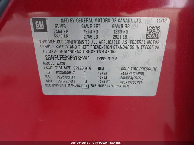 Chevrolet EQUINOX 1LT 2014 2GNFLFE39E6185291 Image 9