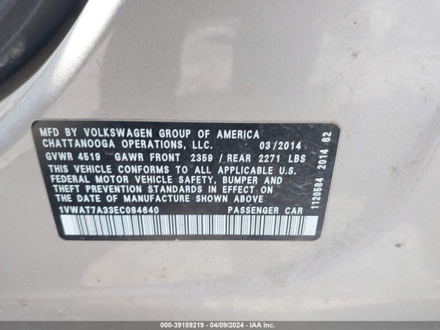 Volkswagen Passat 1.8t Wolfsburg Edition 2014 1VWAT7A33EC084640 Image 9