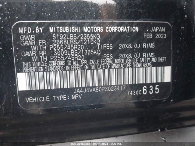 JA4J4VA80PZ023417 Mitsubishi Outlander Sel 2.5 S-awc/sel 40th Anniversary S-awc/sel Black Edition S-awc