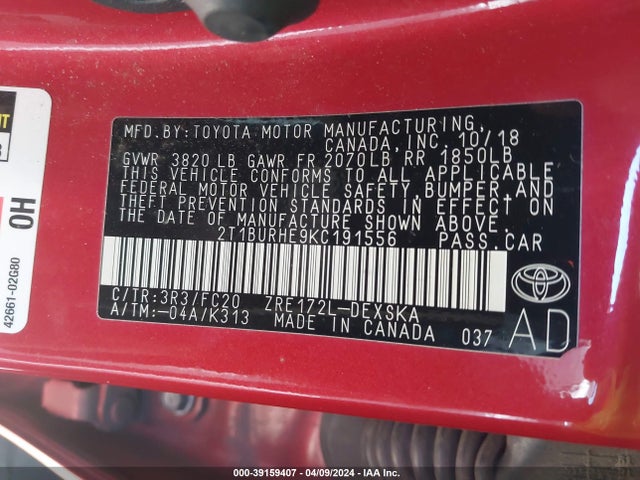 Toyota COROLLA SE 2019 2T1BURHE9KC191556 Image 9