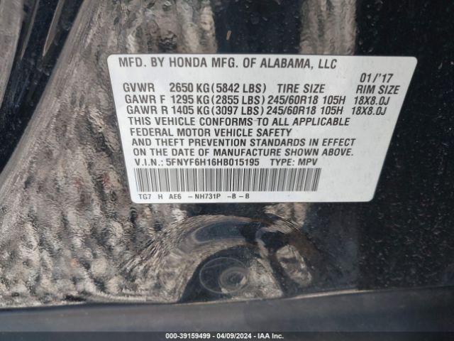 5FNYF6H16HB015195 Honda PILOT LX