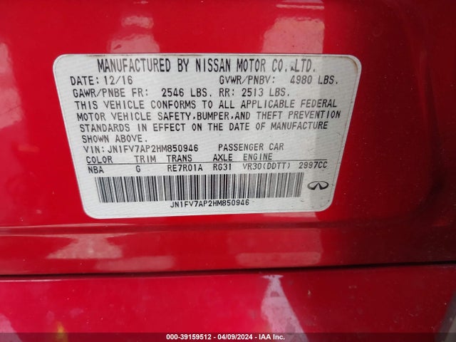 JN1FV7AP2HM850946 Infiniti Q50 3.0t Red Sport 400