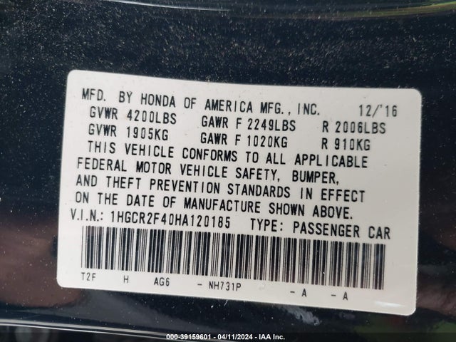 Honda ACCORD LX 2017 1HGCR2F40HA120185 Image 9