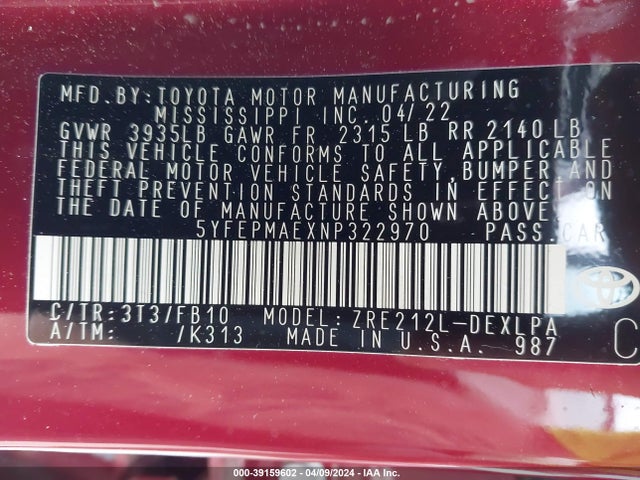 Toyota COROLLA LE 2022 5YFEPMAEXNP322970 Image 9