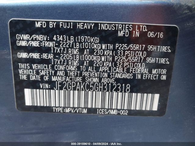 JF2GPAKC5GH312318 Subaru Crosstrek 2.0i Limited