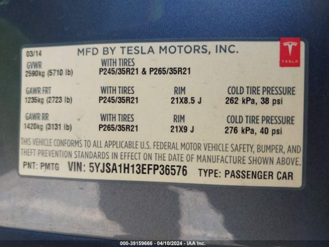 5YJSA1H13EFP36576 Tesla Model S P85