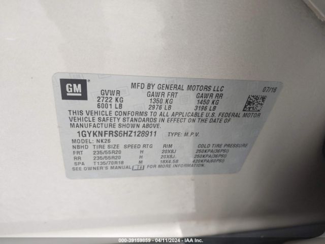 1GYKNFRS6HZ128911 Cadillac Xt5 Platinum