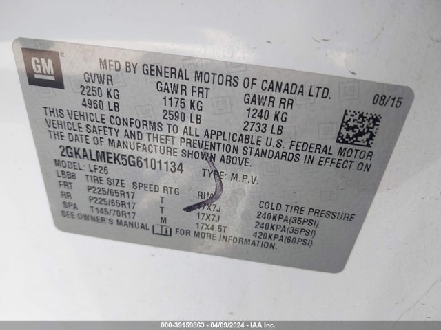 GMC Terrain Sle-1 2016 2GKALMEK5G6101134 Image 9
