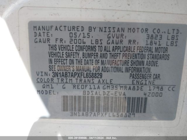 3N1AB7APXFL658829 Nissan Sentra Fe+ S/s/sl/sr/sv