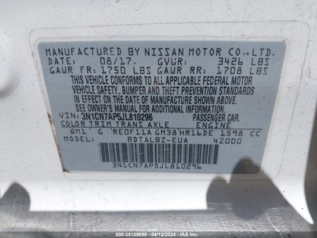3N1CN7AP5JL810296 Nissan Versa 1.6 Sv