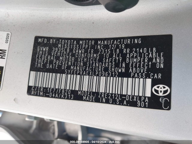 Toyota COROLLA LE 2020 5YFEPRAEXLP096312 Image 9