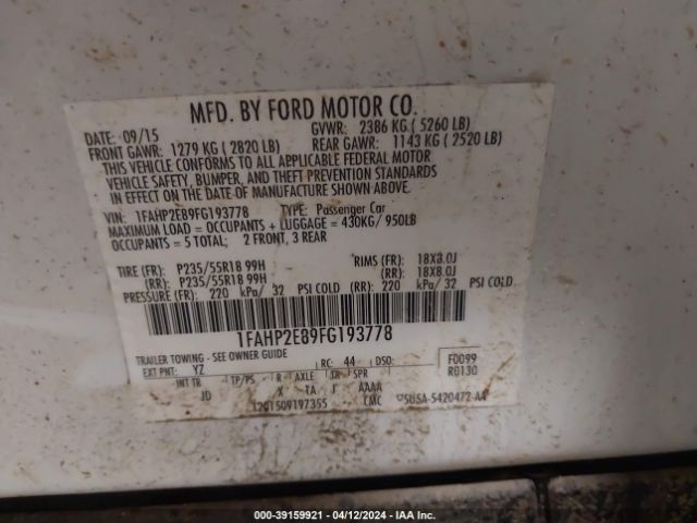 1FAHP2E89FG193778 Ford TAURUS SEL