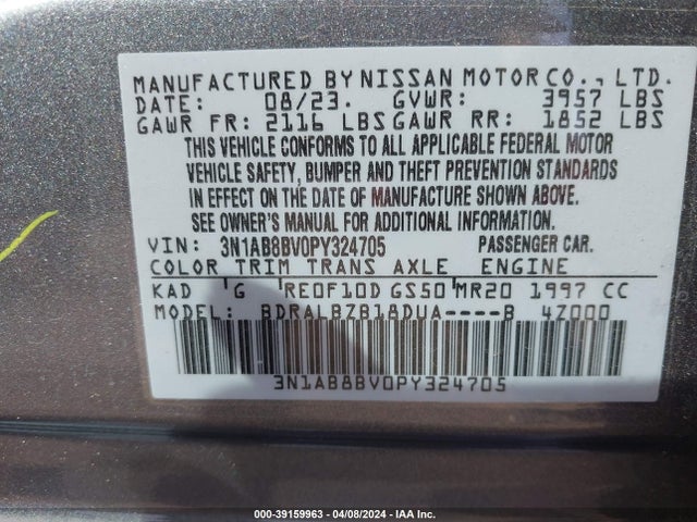 Nissan Sentra S Xtronic Cvt 2023 3N1AB8BV0PY324705 Image 9