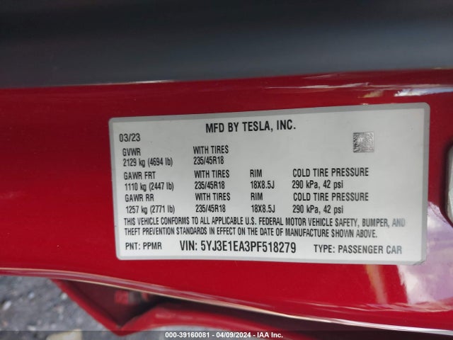 Tesla Model 3 Rear-wheel Drive 2023 5YJ3E1EA3PF518279 Image 9