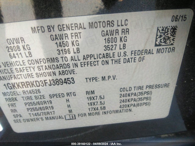 GMC Acadia Slt-1 2015 1GKKRRKD3FJ389453 Image 9