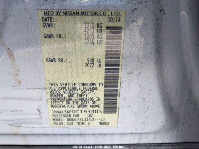 Nissan Altima 2.5 S 2015 1N4AL3AP4FC193405 Image 9