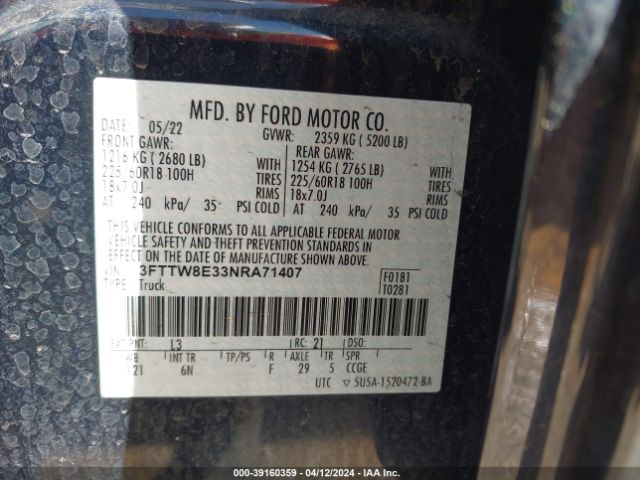 3FTTW8E33NRA71407 Ford Maverick Lariat