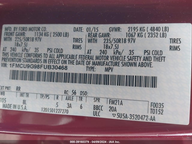 Ford ESCAPE SE 2015 1FMCU9G98FUB30468 Image 9