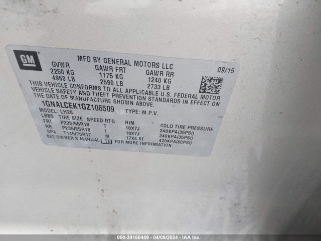 Chevrolet EQUINOX LT 2016 1GNALCEK1GZ106509 Image 9