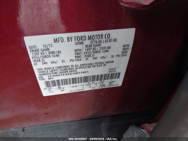 Ford Explorer Limited 2014 1FM5K7F8XEGB11901 Image 9