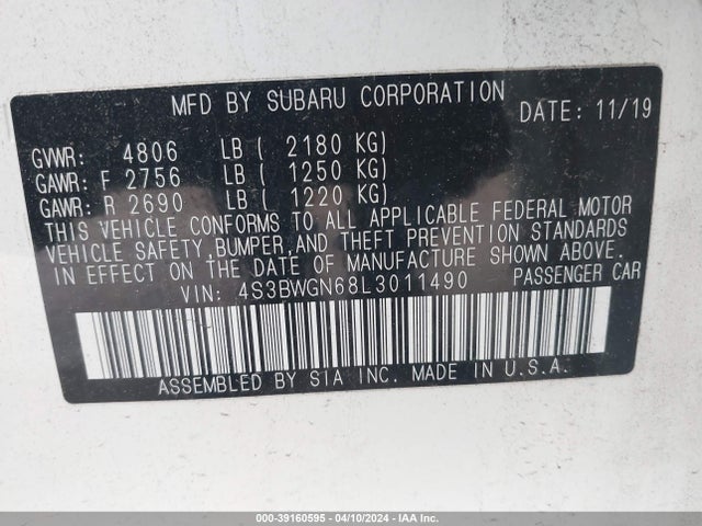 Subaru Legacy Limited Xt 2020 4S3BWGN68L3011490 Image 9