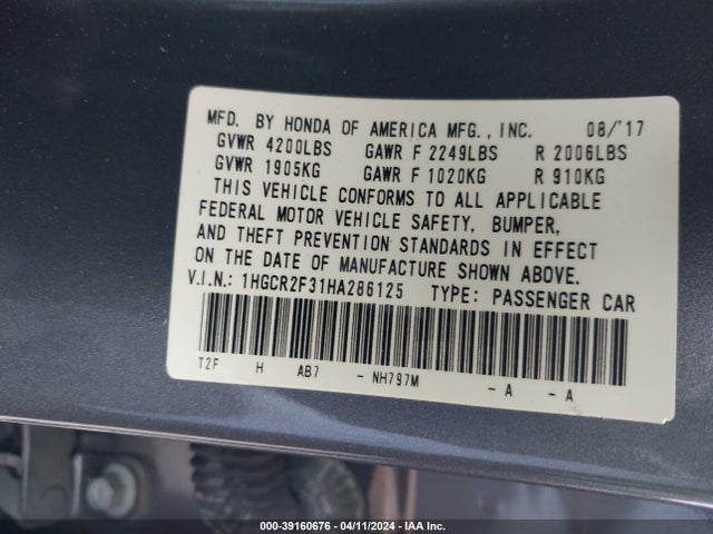 Honda ACCORD LX 2017 1HGCR2F31HA286125 Image 9