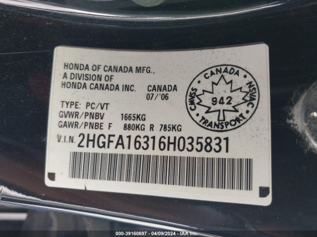 2006 HONDA CIVIC SDN 2HGFA16316H035831 Photo 8