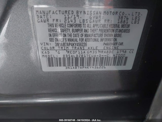 Nissan SENTRA SV 2019 3N1AB7AP4KY456226 Image 9