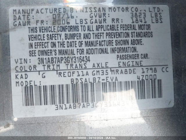 Nissan SENTRA S 2016 3N1AB7AP3GY316434 Image 9
