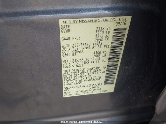 Nissan Murano Platinum 2017 5N1AZ2MG7HN102581 Image 9