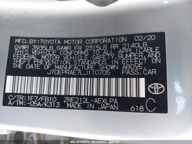 Toyota COROLLA LE 2020 JTDEPRAE7LJ110705 Image 9