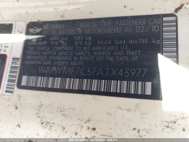 2010 MINI COOPER S WMWMF7C57ATX43977 Photo 8