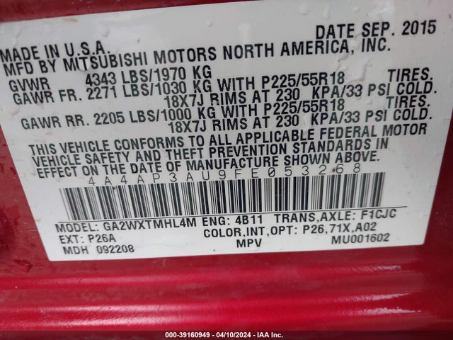 4A4AP3AU9FE053268 Mitsubishi Outlander Sport Es