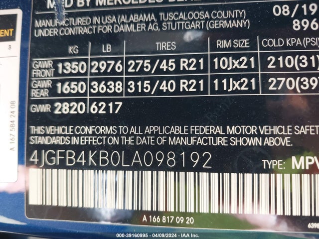 4JGFB4KB0LA098192 Mercedes-Benz Gle 350 4matic
