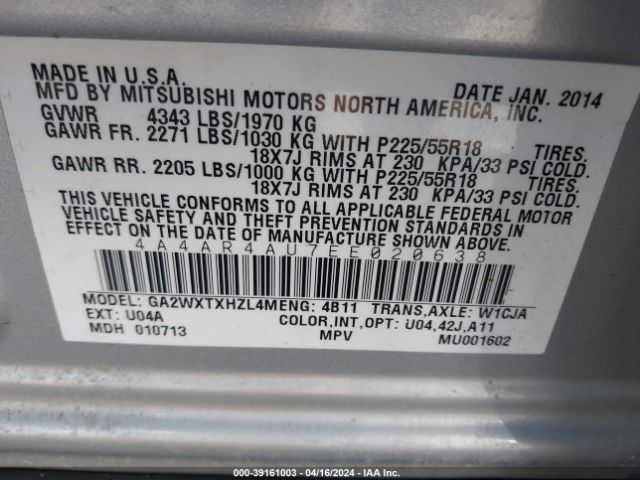4A4AR4AU7EE020638 Mitsubishi Outlander Sport Se