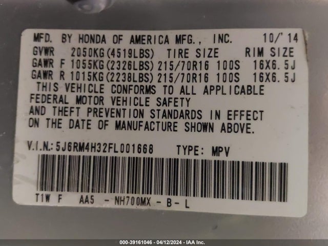 Honda CR-V LX 2015 5J6RM4H32FL001668 Image 9