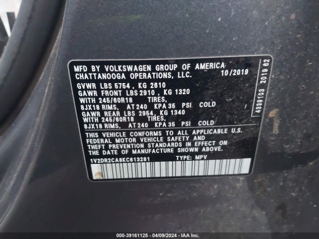 1V2DR2CA8KC613281 Volkswagen Atlas 3.6l V6 Se