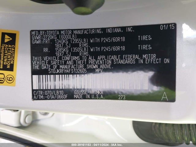 Toyota Highlander Xle V6 2015 5TDJKRFH4FS132605 Image 9