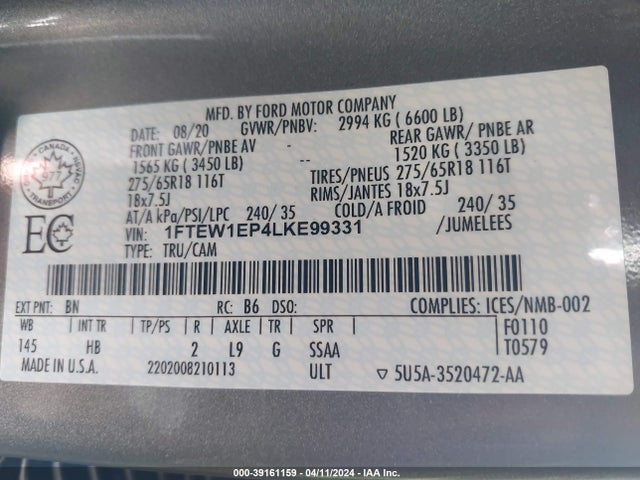 Ford F-150 Lariat 2020 1FTEW1EP4LKE99331 Image 9
